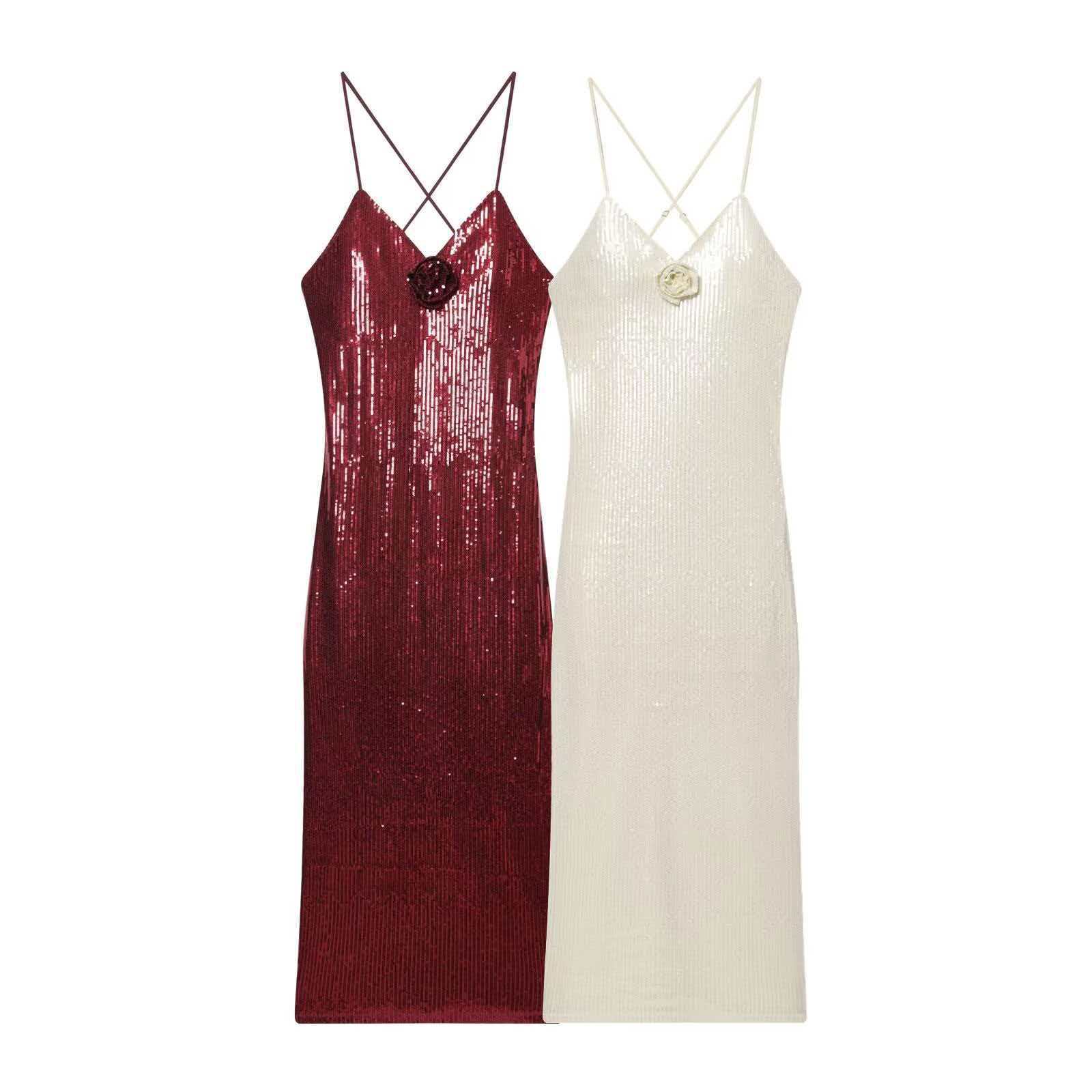 Sequin Spaghetti Strap Dress with Deep V-Neck and High Waist