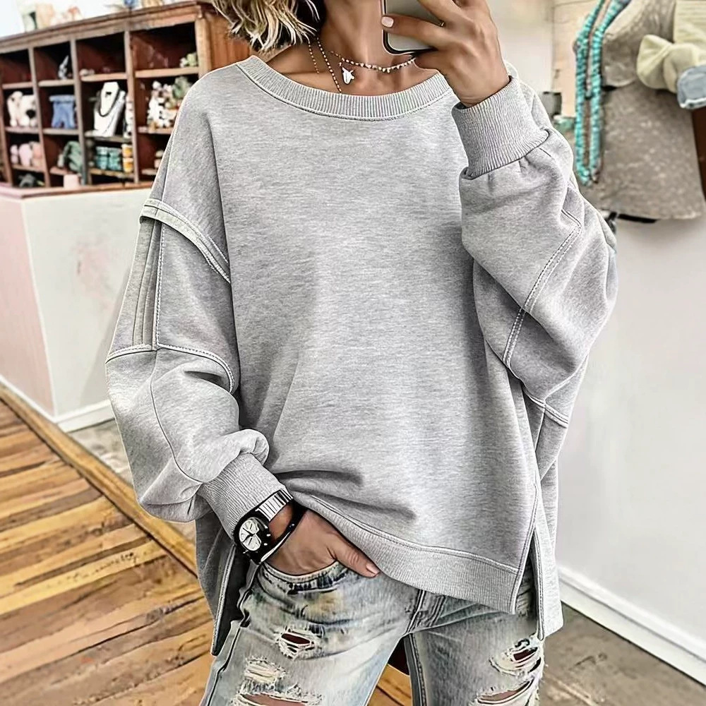 Women's Loose Crewneck Sweatshirt with Spliced Drop Shoulder Long Sleeves