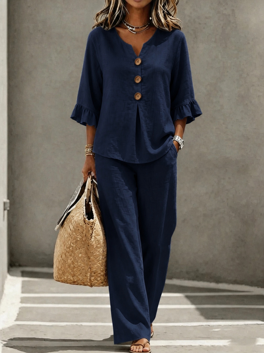 Women's Casual Button V-Neck Ruffle 3/4 Sleeve Top and Pants Two-Piece Set