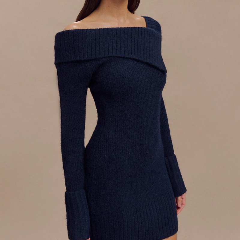 Solid Off-Shoulder Knit Bodycon Long-Sleeve Mini Dress