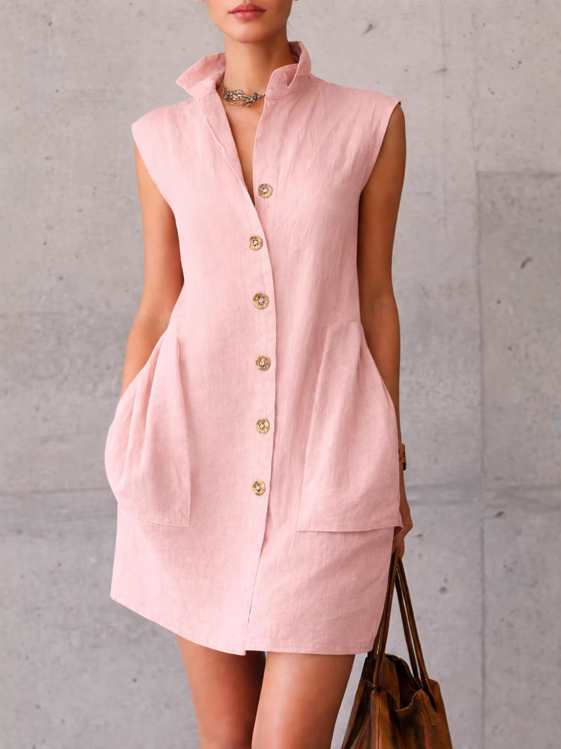 Women's Sleeveless Stand Collar Shirt Dress with Pockets Casual Vacation Short Dress
