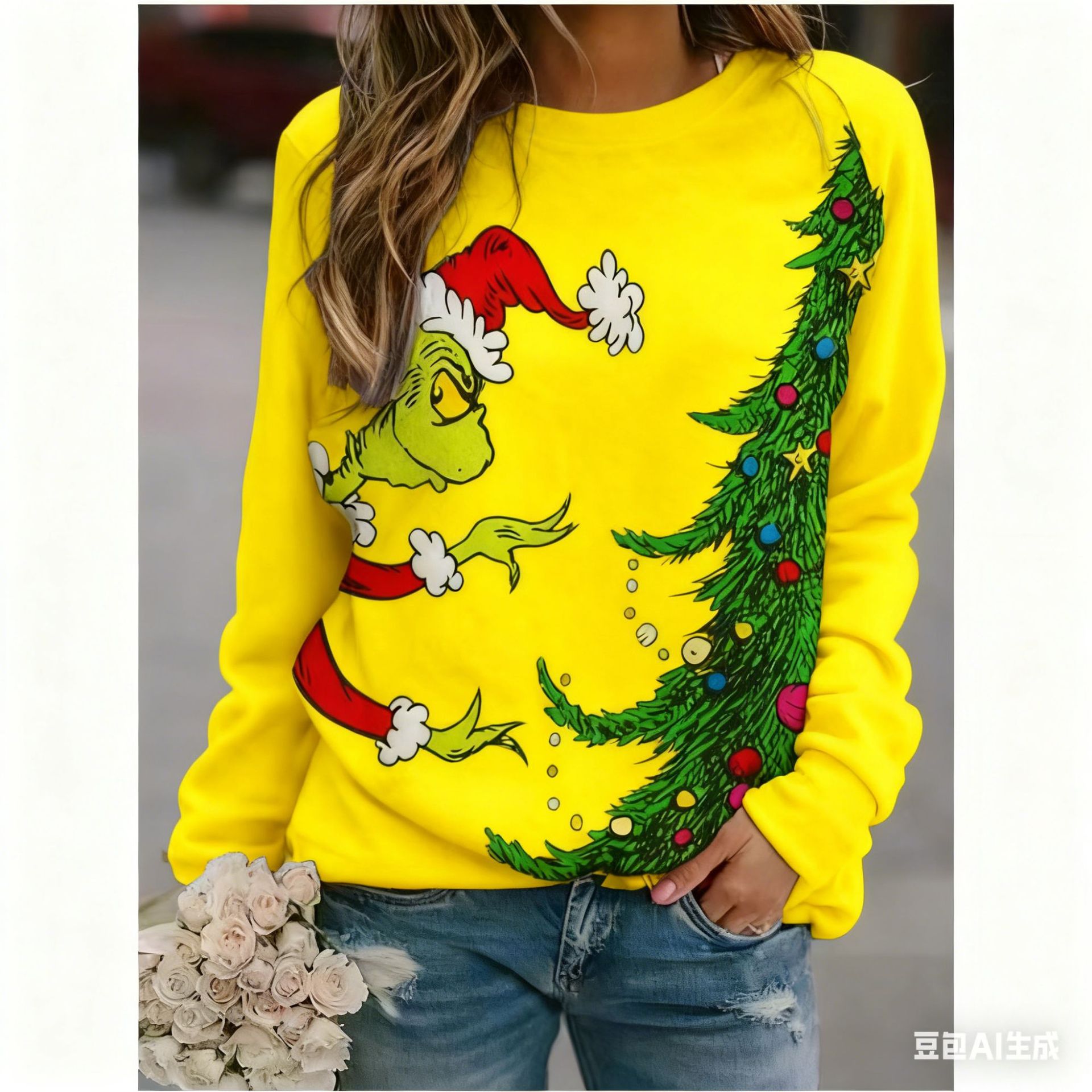 Women's Christmas Tree Grinch Reindeer Print Crewneck Sweatshirt