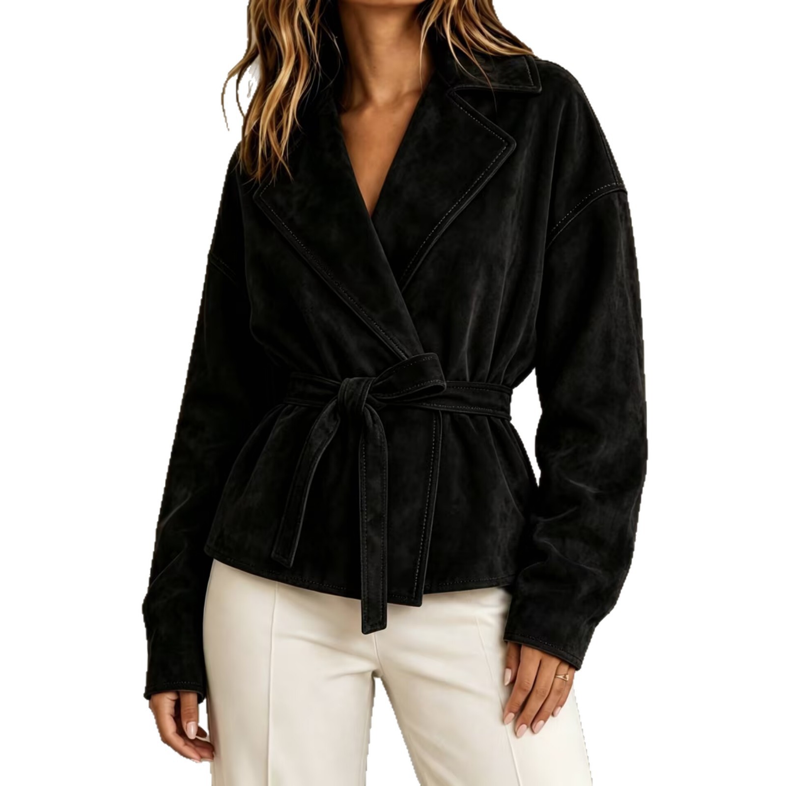 Faux Suede Belted Short Jacket with Lapel Collar