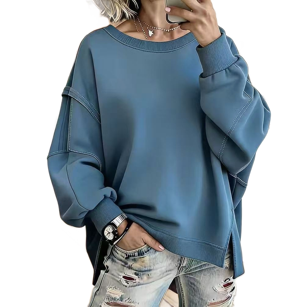 Women's Loose Crewneck Sweatshirt with Spliced Drop Shoulder Long Sleeves