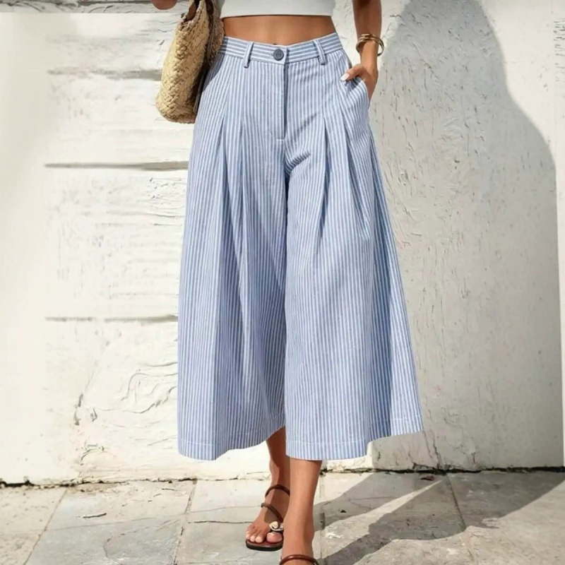 Striped Relaxed-Fit Cropped Casual Pants with Pockets