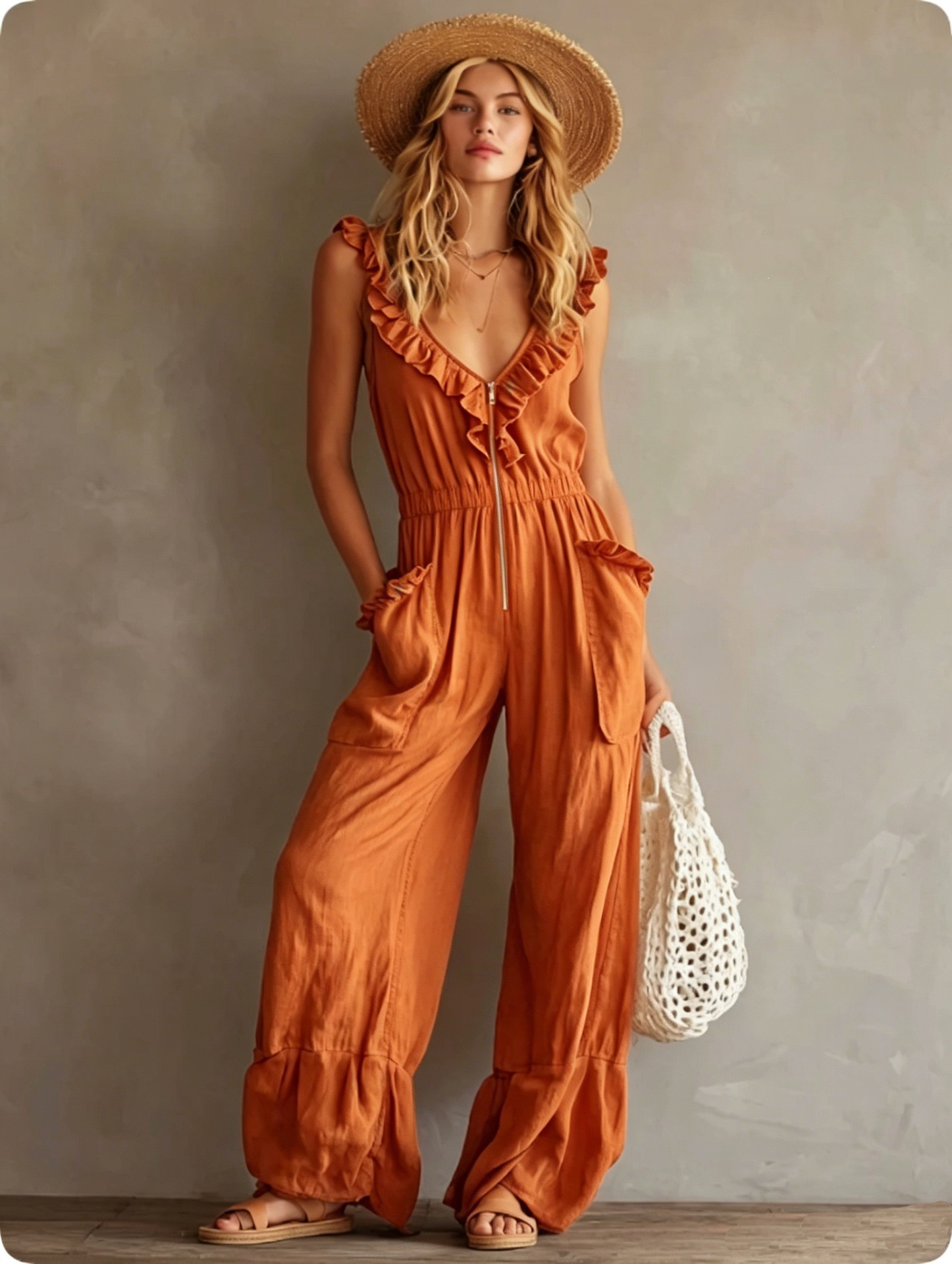 Women's Sleeveless Ruffle Trim Wide-Leg Jumpsuit Solid Color Casual
