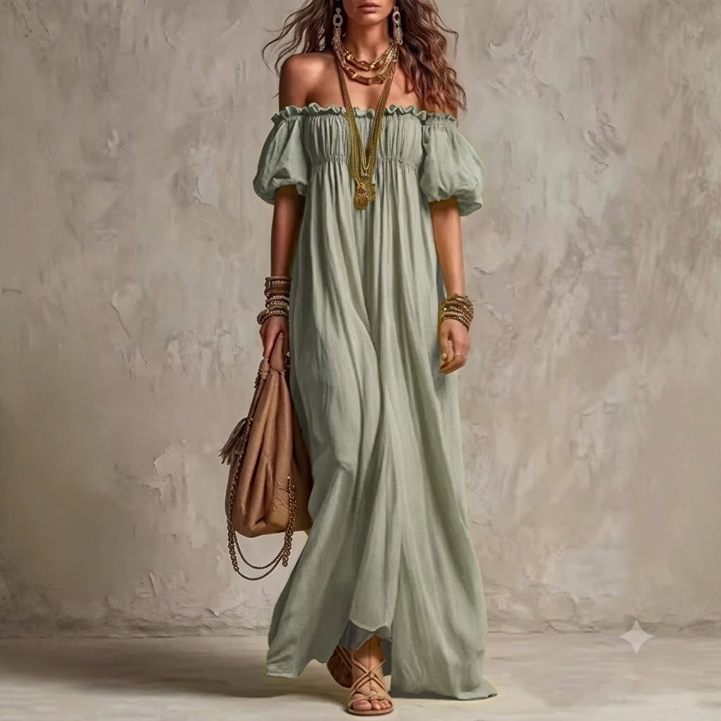 Off-Shoulder Puff Sleeve Long Dress Casual Loose Beach Vacation