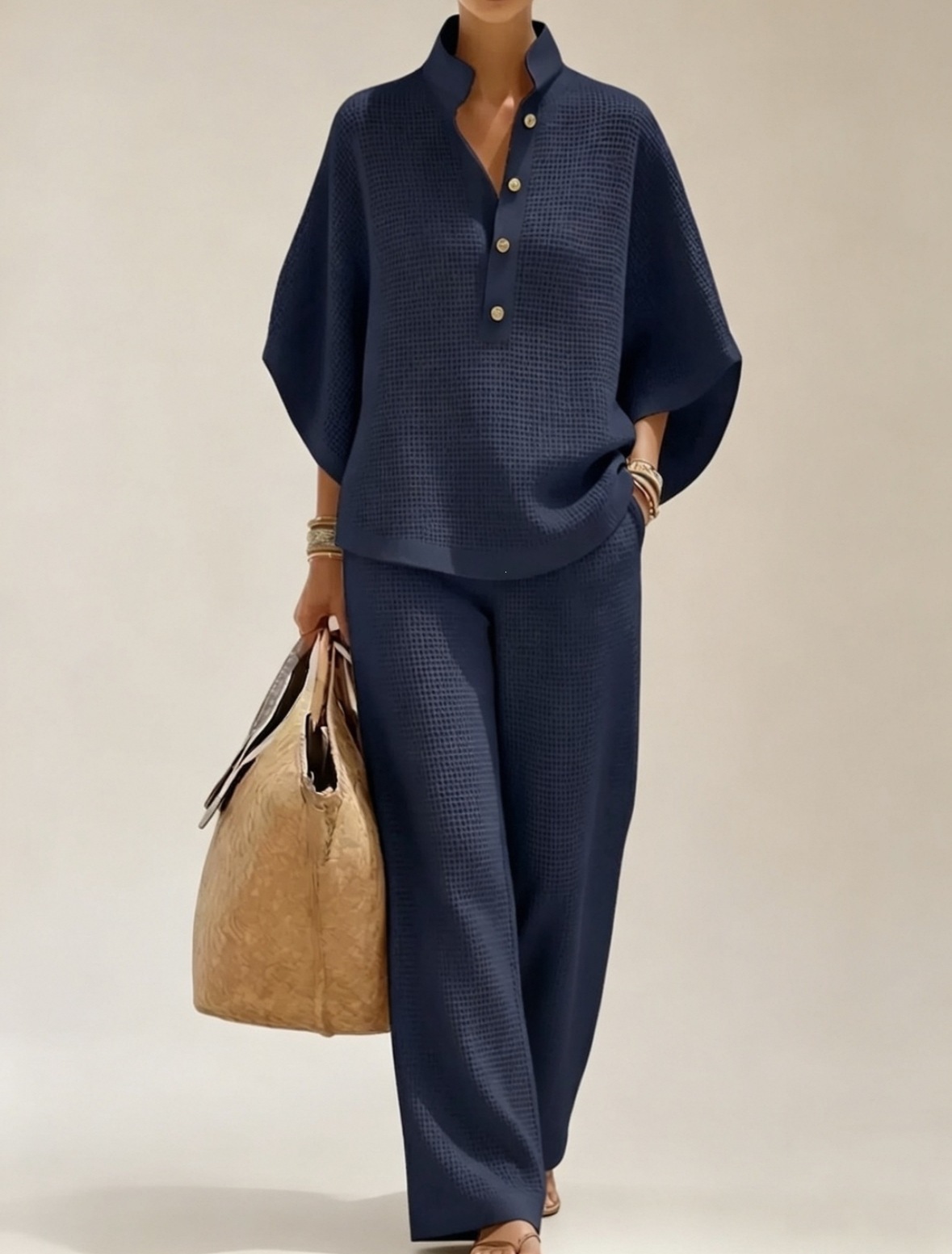2026 New Casual Loose Stand Collar Set Breathable Waffle Wide-Leg Pants Two-Piece Set European American Best-Seller Women's Clothing