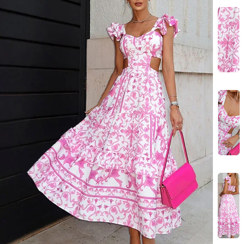 Women's Flutter-Sleeve Printed Cutout Waist Maxi Dress