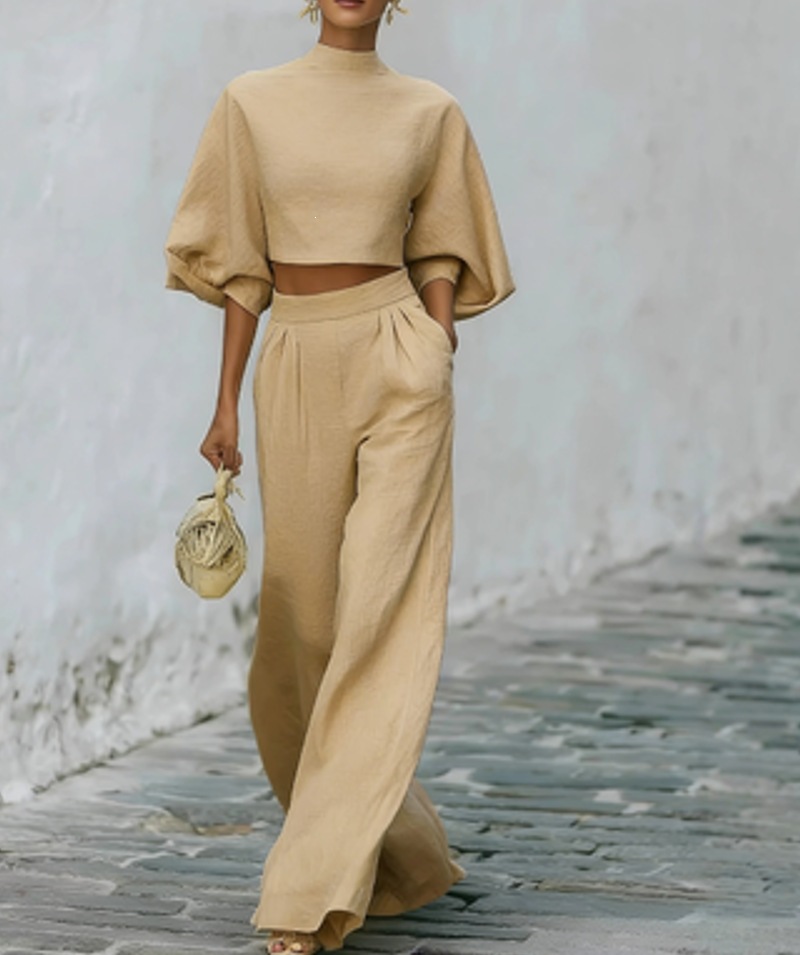 Women's Casual Two-Piece Set Cropped Top High-Waist Pants