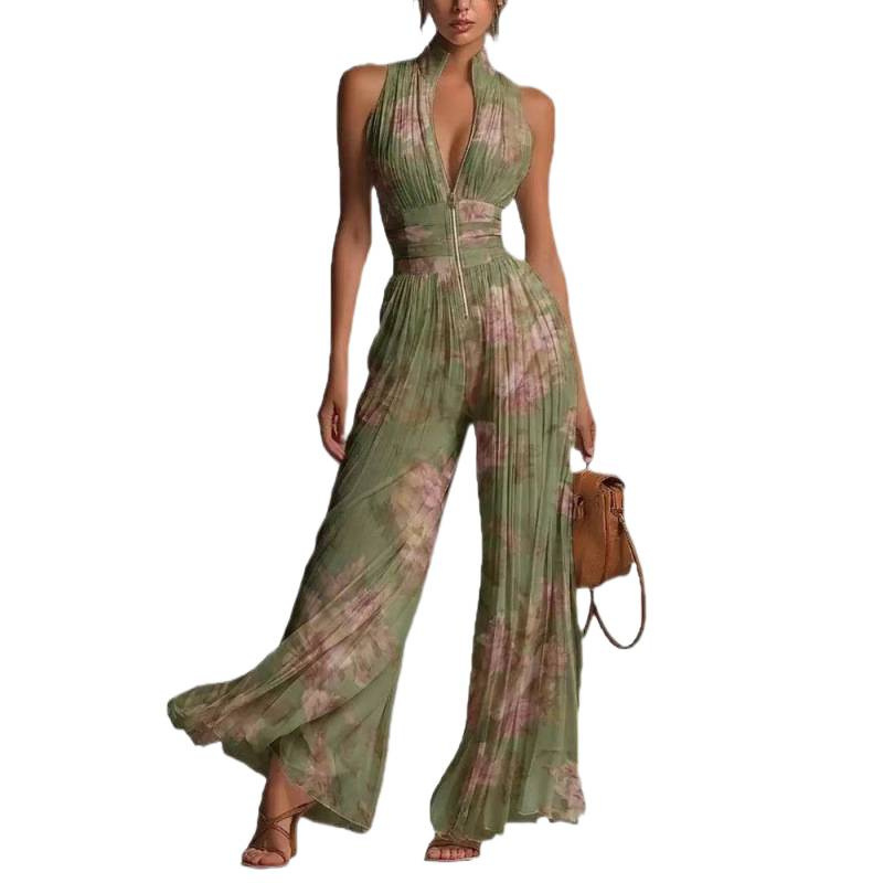 Pleated White Wide-Leg Halter Jumpsuit