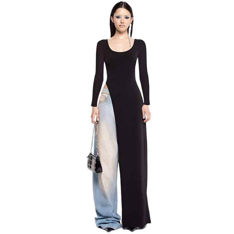 U-Neck Slim Fit Split Long Sleeve Dress