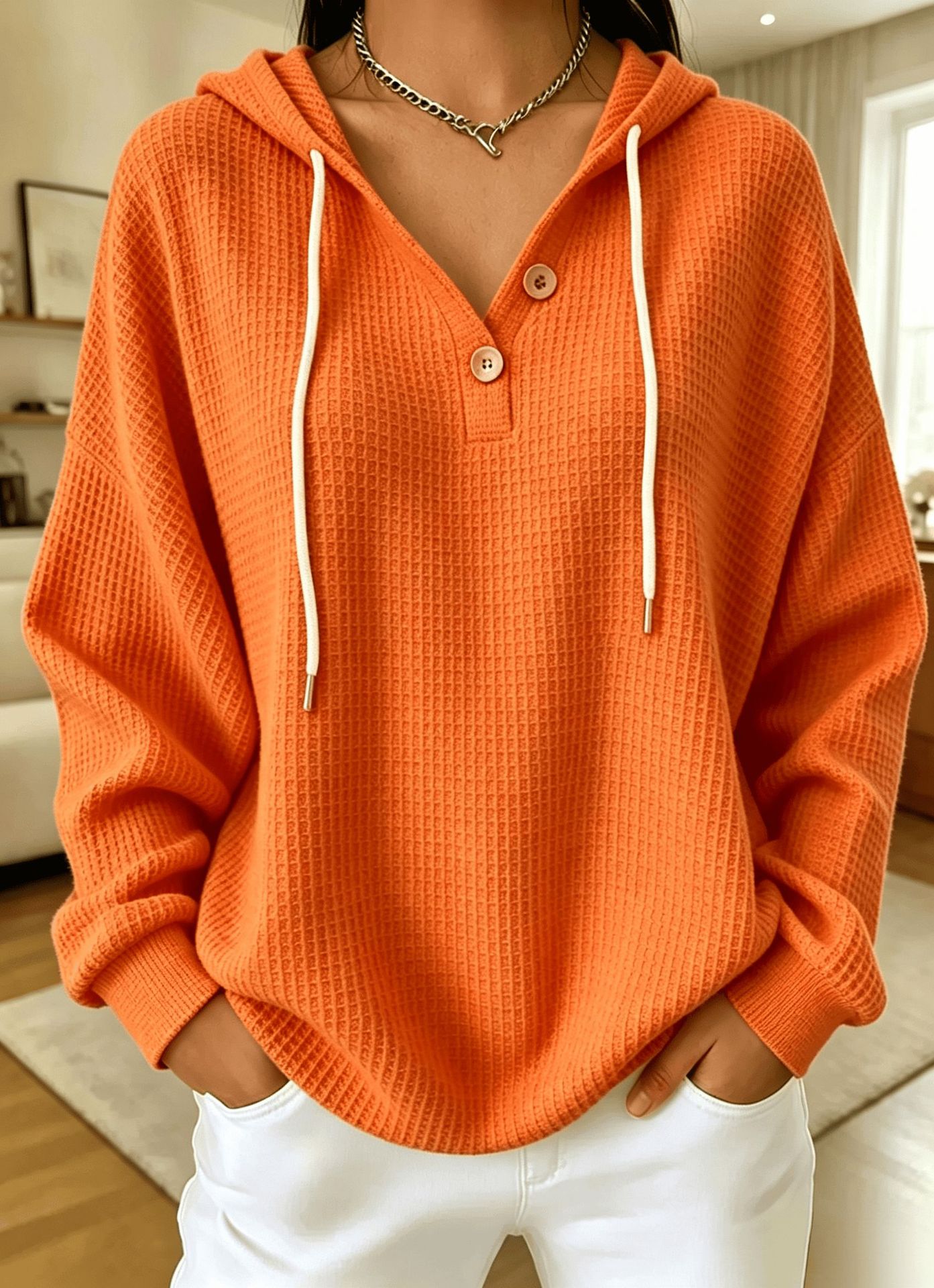 Women's Waffle Knit Drawstring Hoodie Oversized Pullover