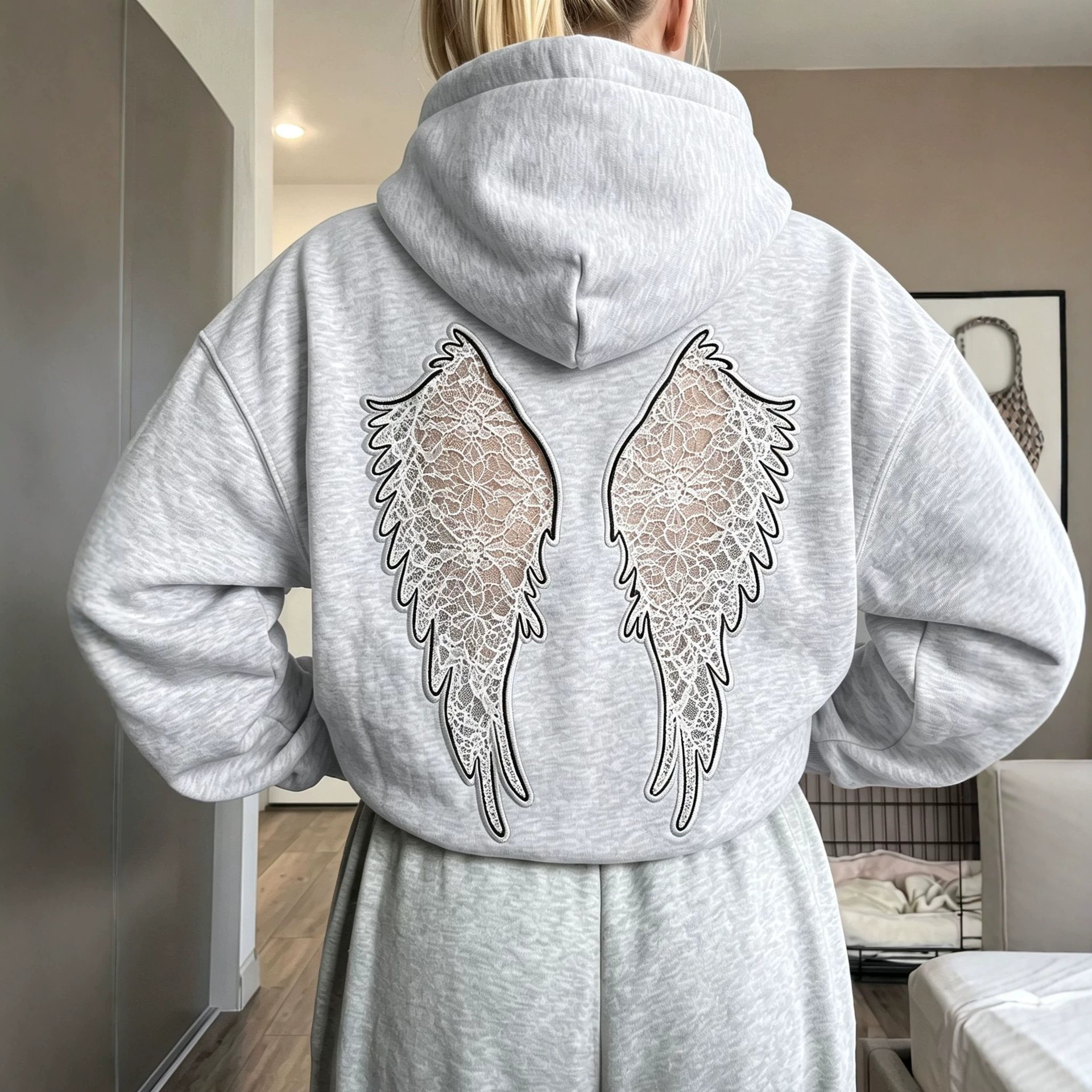 Women's Casual Hooded Cutout Embroidered Wing Long-Sleeve Sweatshirt