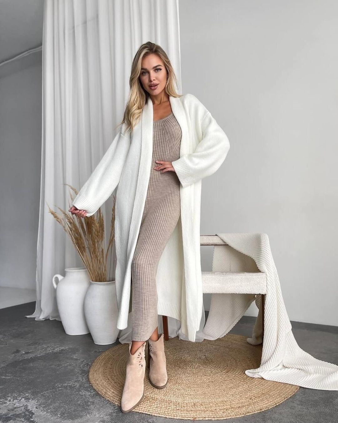 Women's Collarless Long Cardigan Sweater Coat Elegant Loose Fit