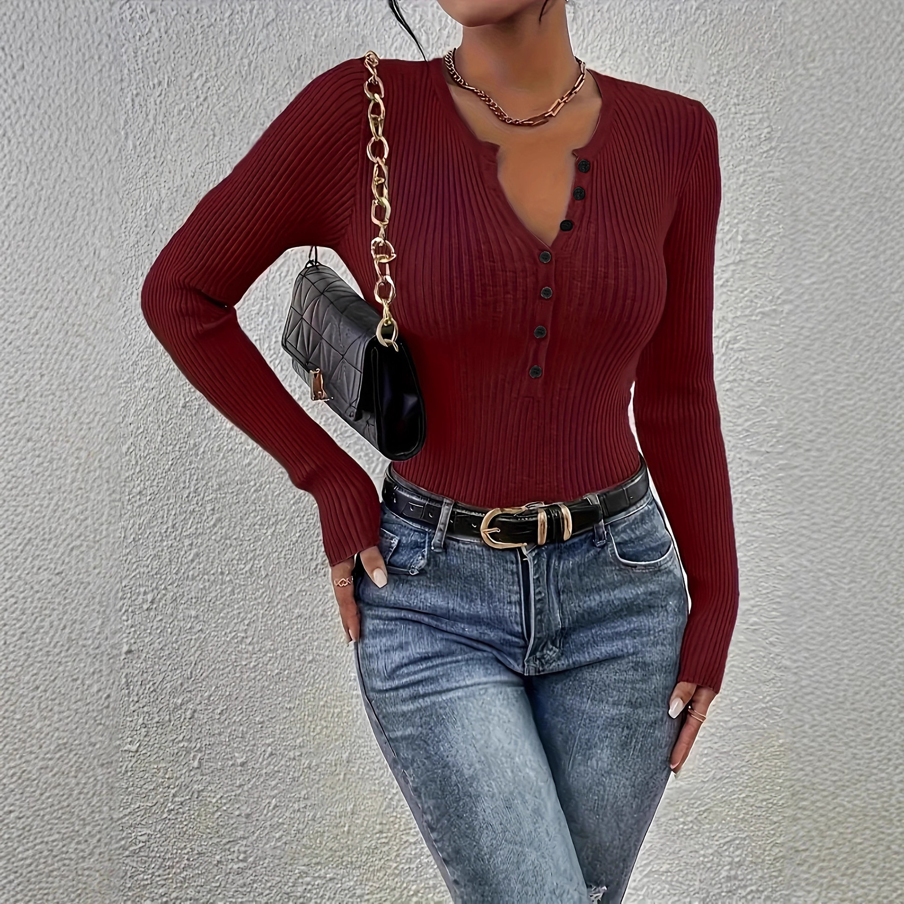 Women's Slim Fit Solid Color Button Neck Knit Sweater Long Sleeve Pullover