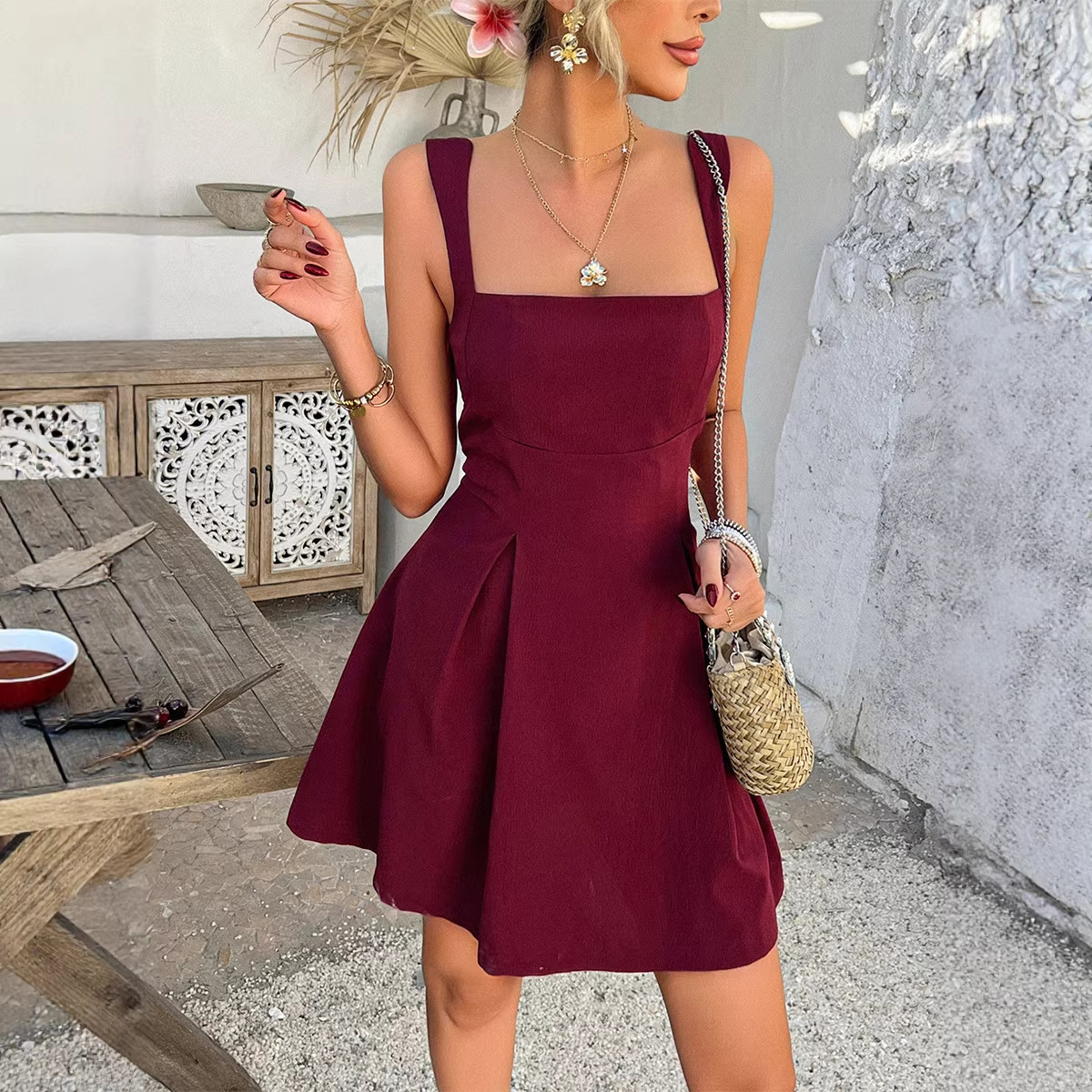 Elegant Solid Color Sleeveless A-Line Mini Dress with Open Back