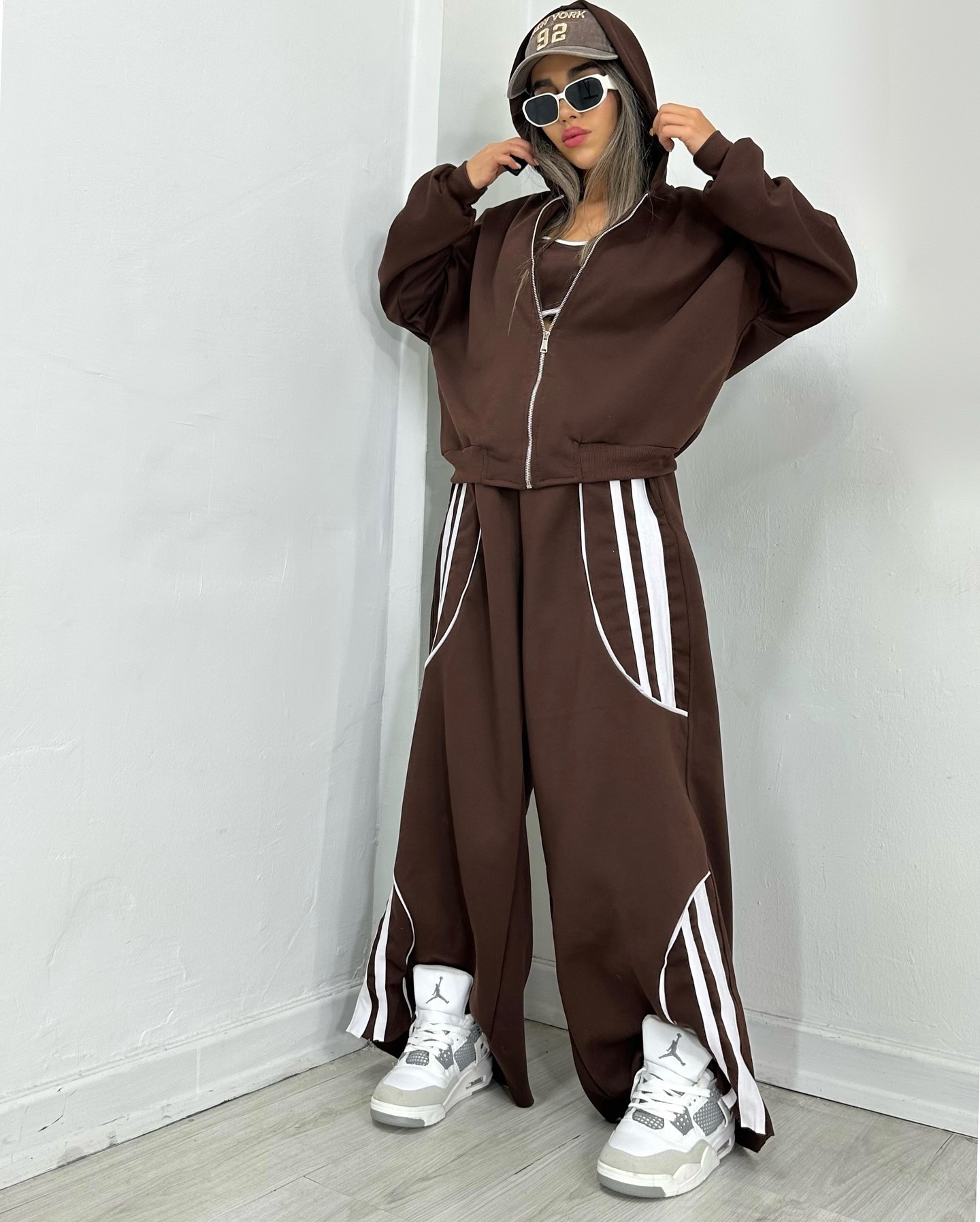 Retro Streetwear Striped Hooded Cardigan and Pants Two-Piece Set