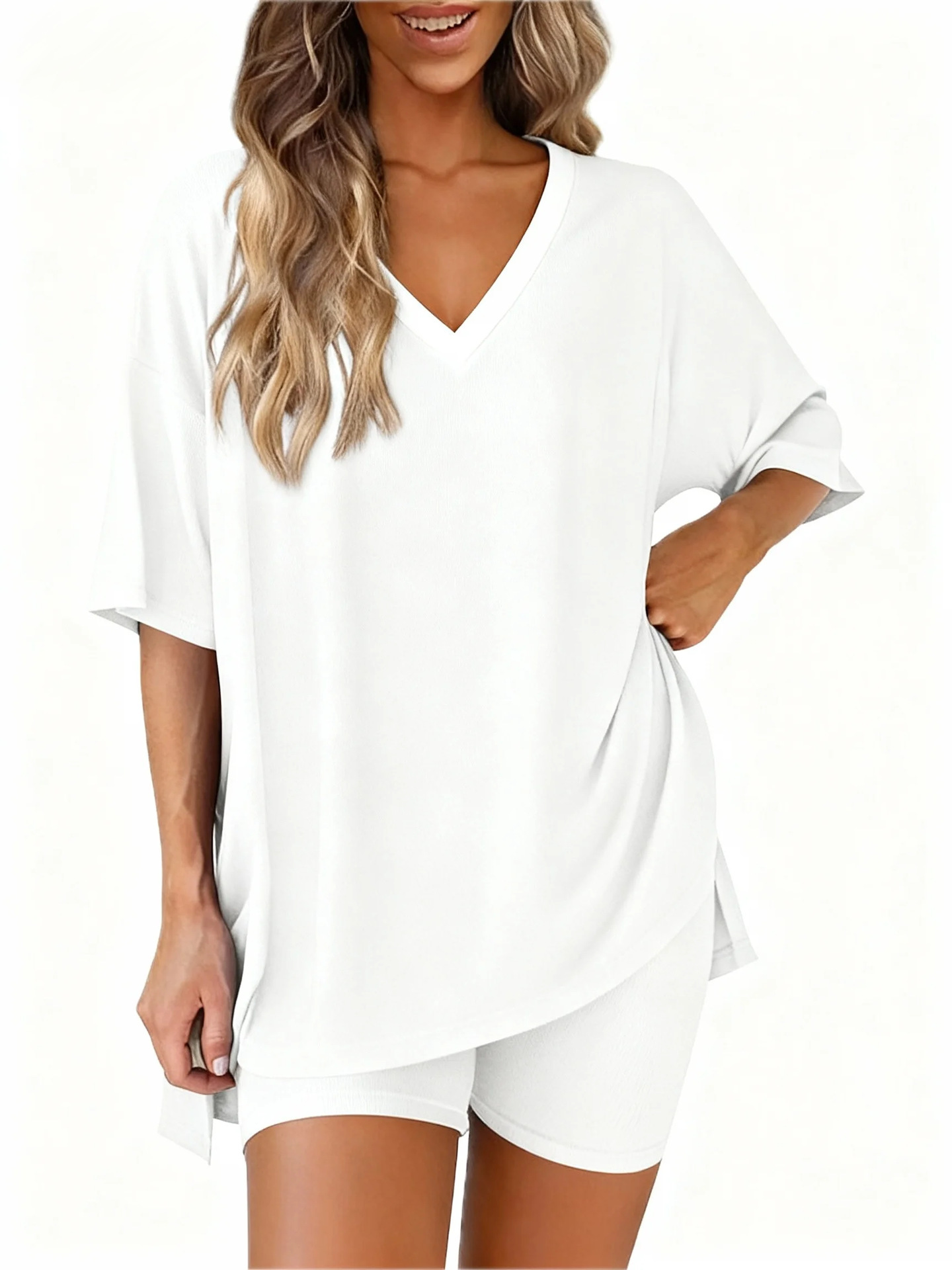 Women's V-Neck Solid Color Loose Pajama Set