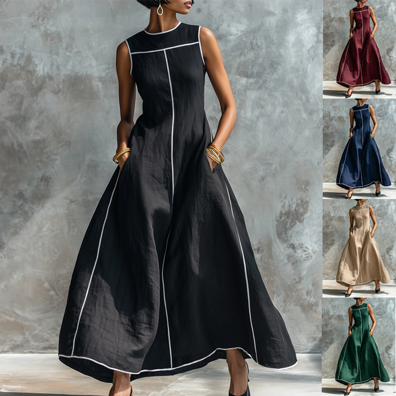 Women's Sleeveless Colorblock A-Line Midi Dress with Contrast Stitching and Cinched Waist