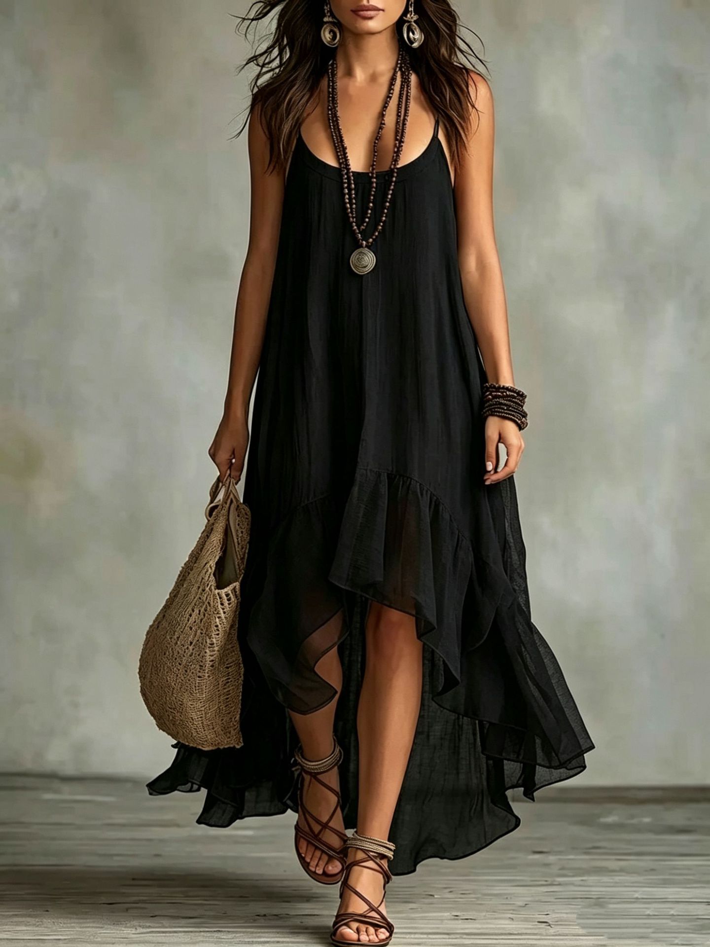 Boho Sleeveless U-Neck Midi Dress Solid Color Relaxed Fit
