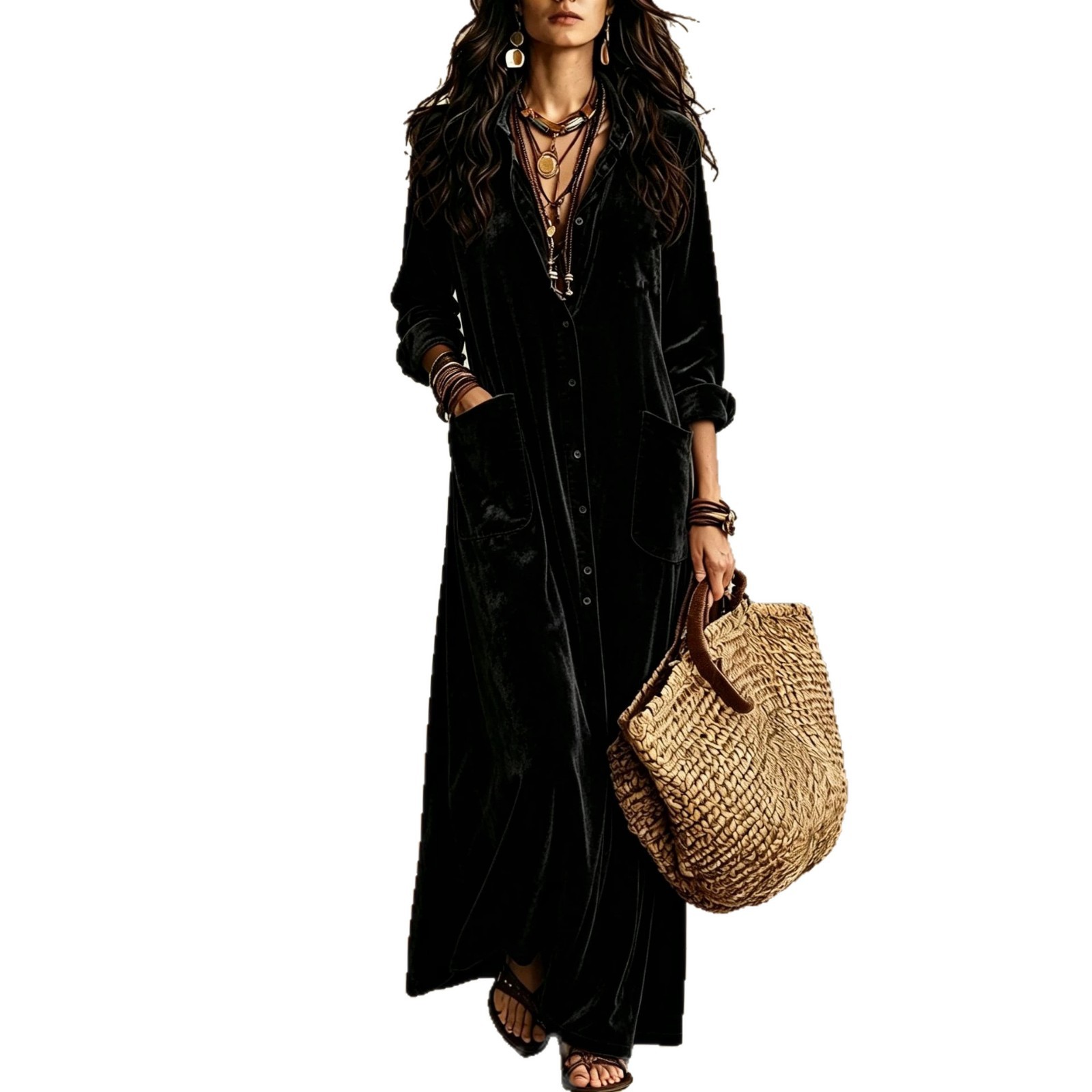 Boho Velvet Long Shirt Dress Solid Color Loose Fit