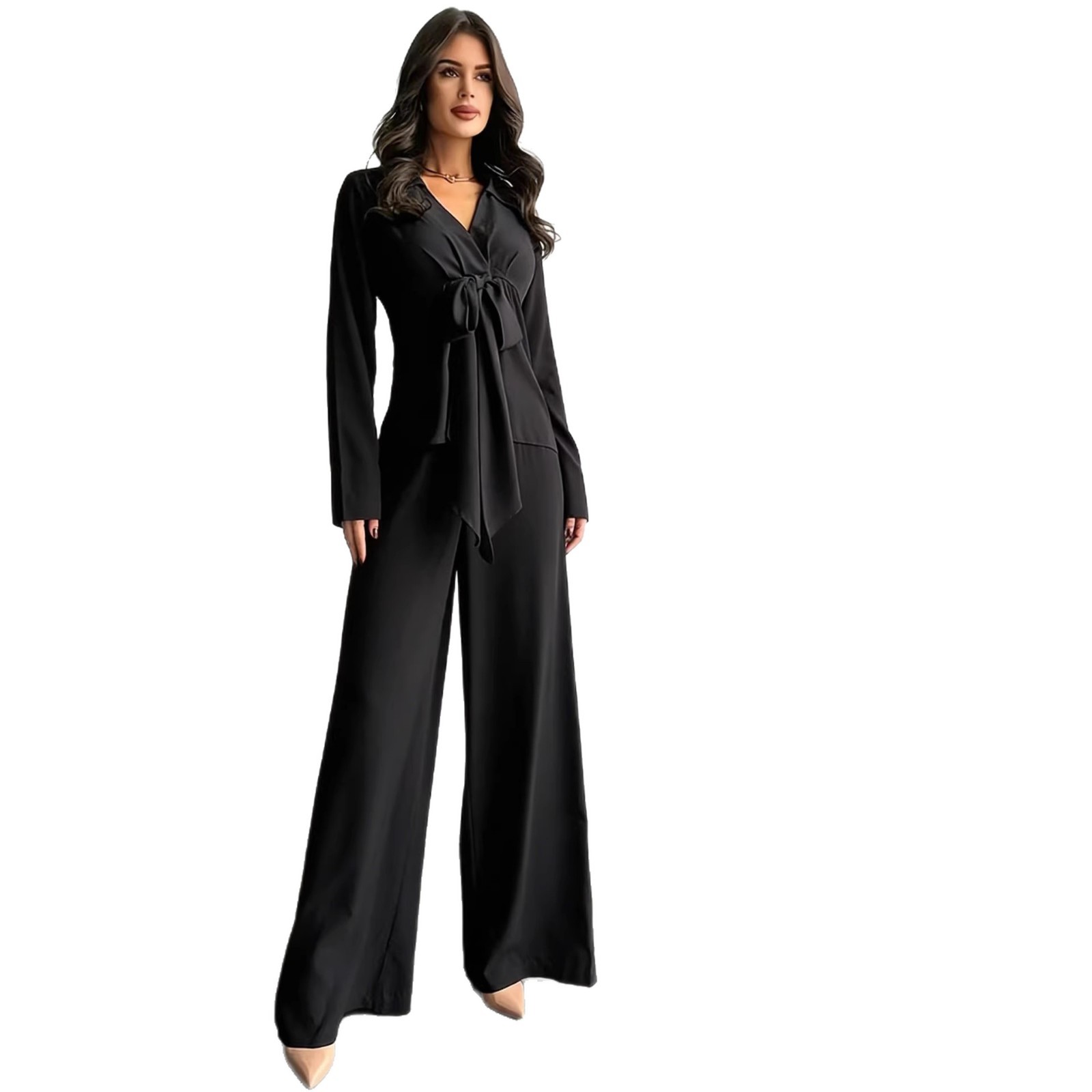 Women's Casual Two-Piece Set with Drawstring Top and Wide-Leg Pants