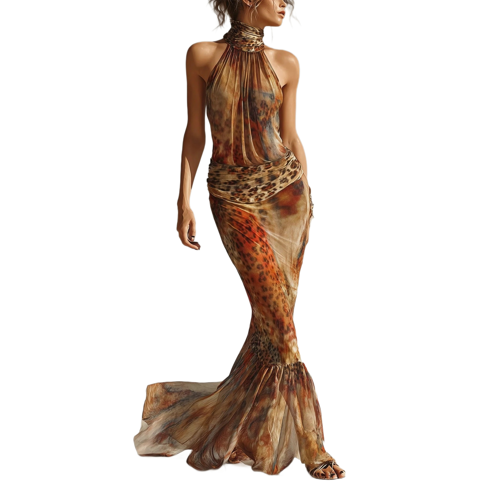 Floral Print Halter Neck Sleeveless Mermaid Maxi Dress