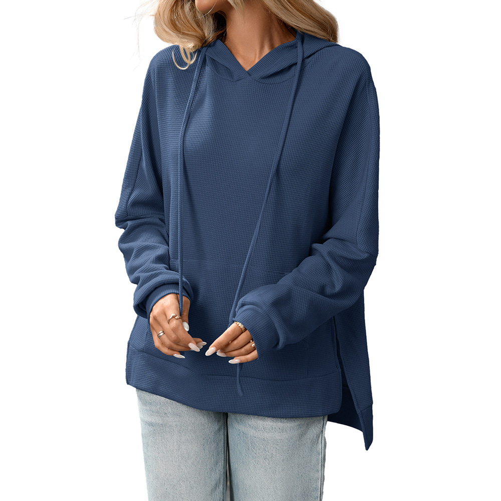 Waffle Knit Hooded Sweatshirt Women's Long Sleeve Pullover