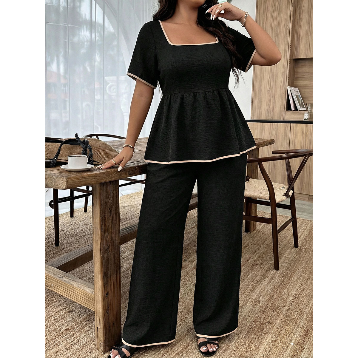 Women's Summer Black Square-Neck Peplum Top & Wide-Leg Pants Set
