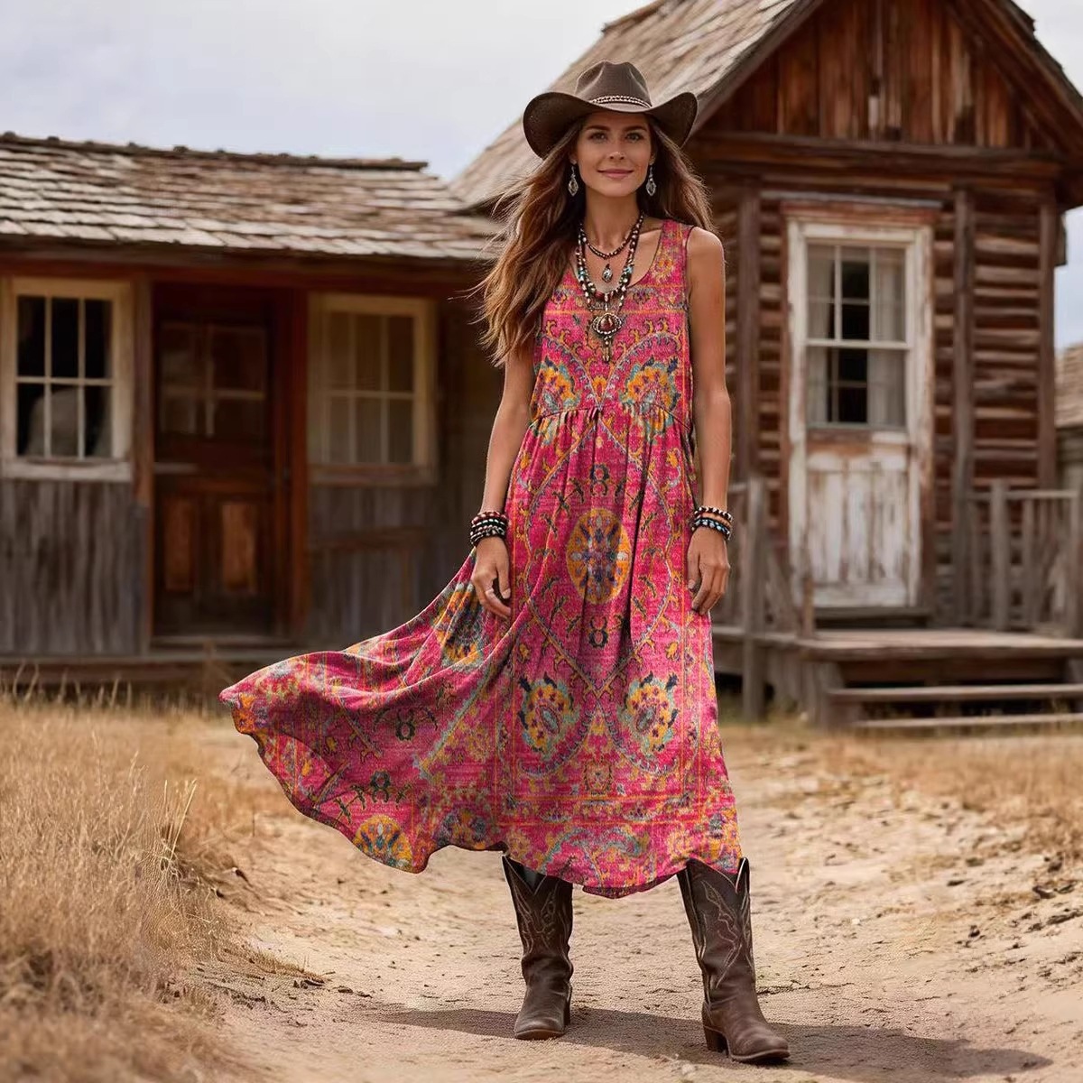 Boho Print V-Neck Sleeveless Maxi Dress