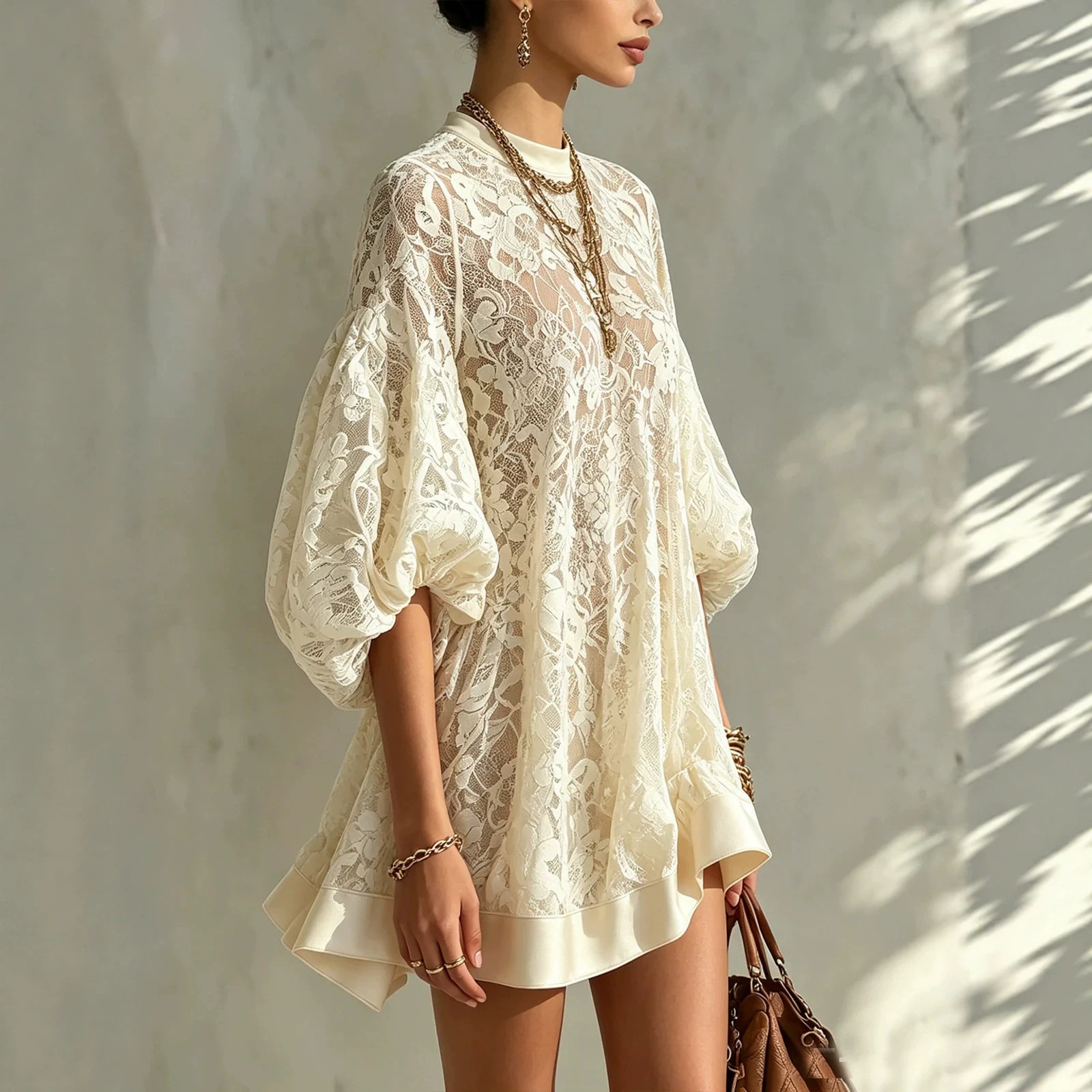 Lace Loose Midi Dress with Lantern Sleeves for Summer Beach Vacation