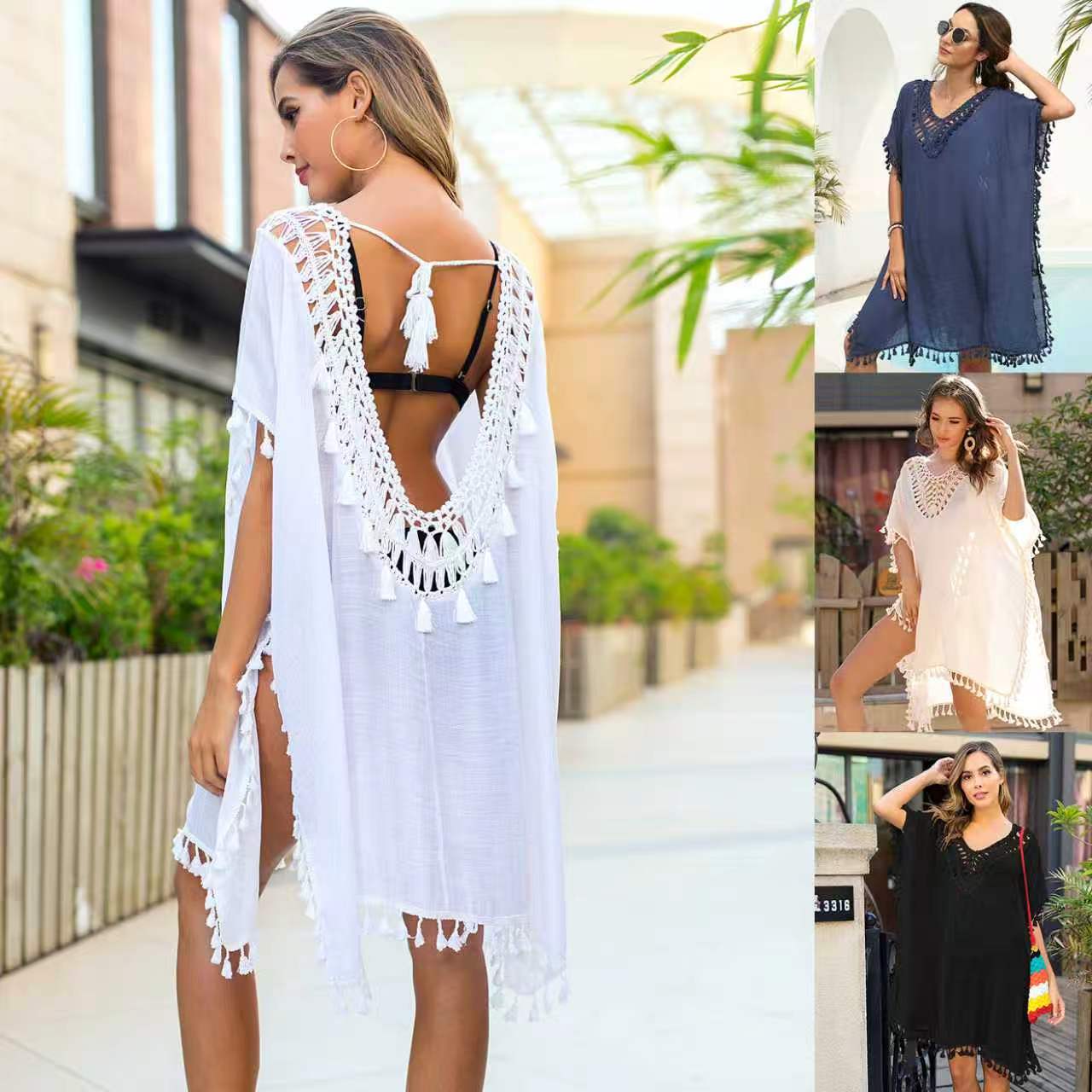 Women's Crochet Fringe Open-Back Beach Cover-Up Dress