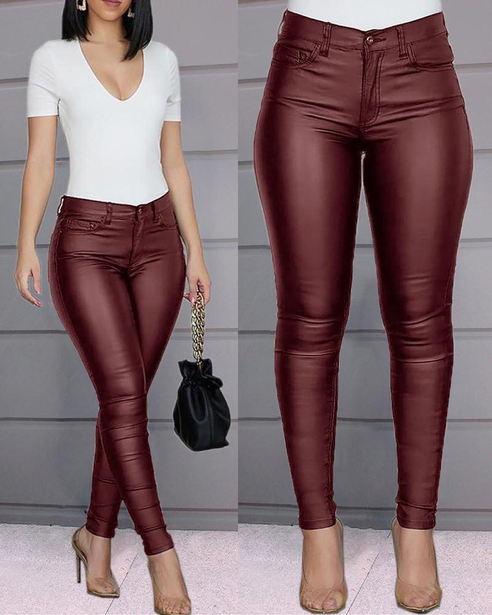 Women's Solid PU Leather Skinny Pants High Waist Stretchy Long Trousers