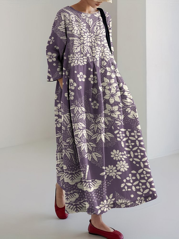 Women's Floral Print Casual A-Line Dress with U-Neck and Short Sleeves