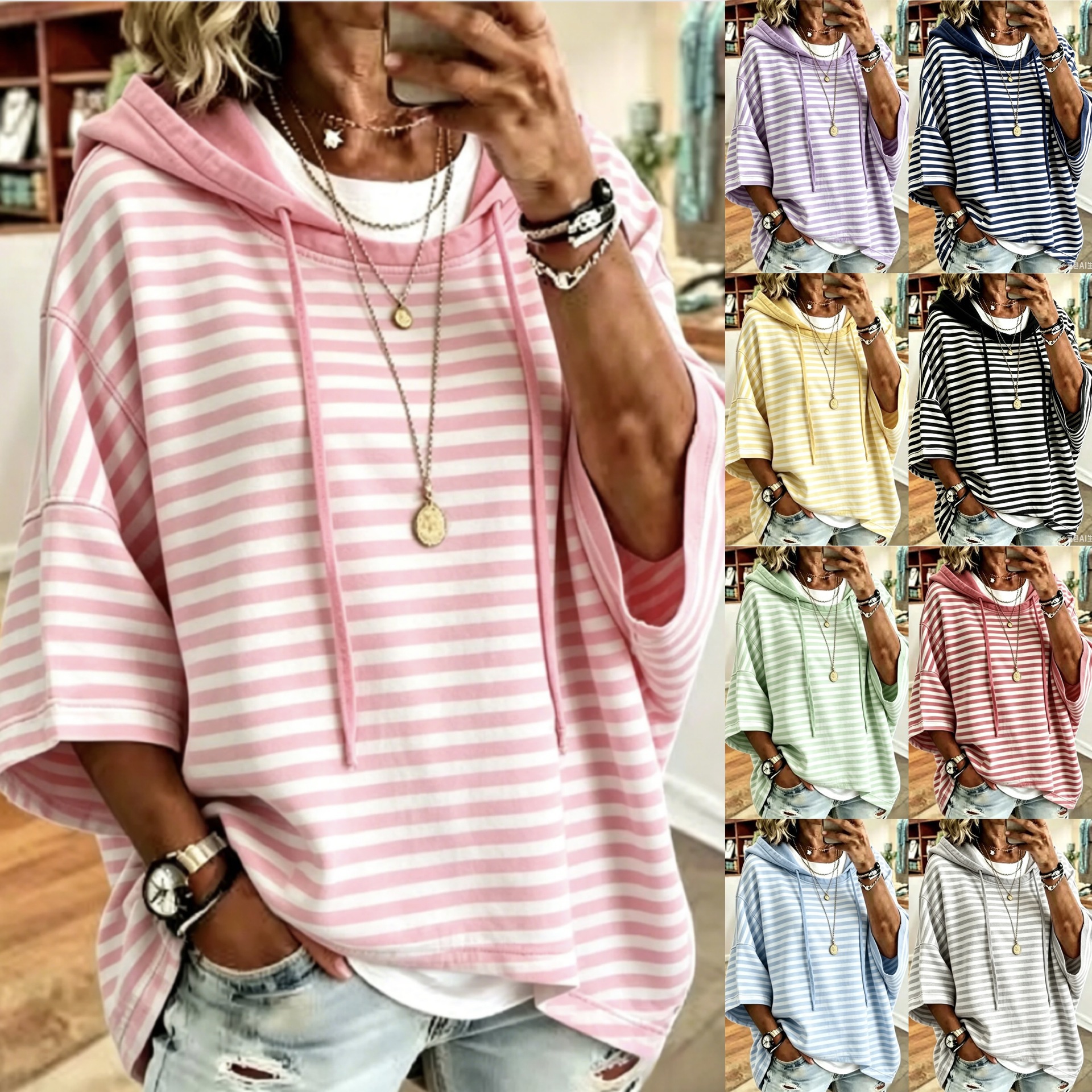 Women's Striped Hooded Pullover Sweatshirt with 3/4 Sleeves