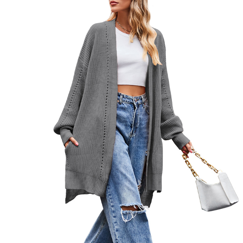 Women's Solid Color Loose Knit Cardigan with Pockets