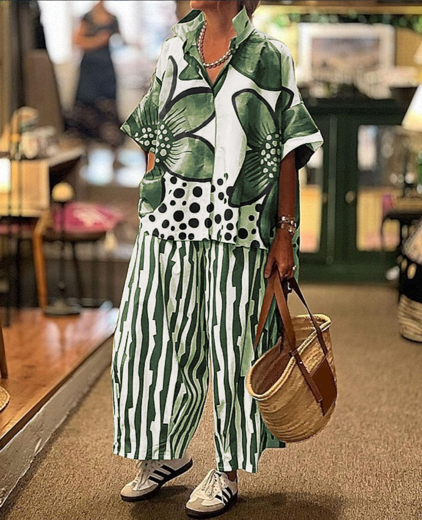 Floral Print Casual Two-Piece Shirt and Pants Set