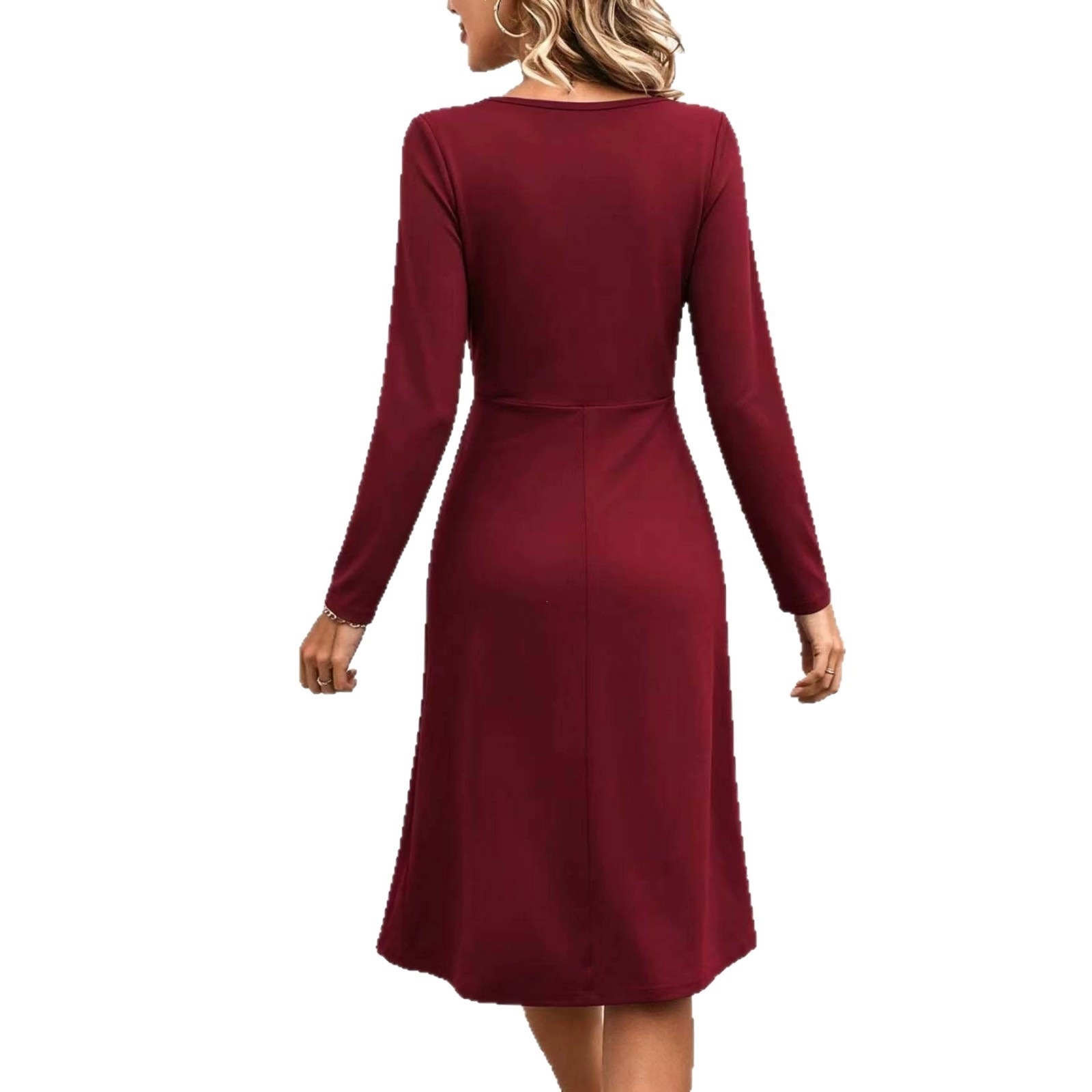 Solid V-Neck Cross Ruched Long Sleeve Midi Dress