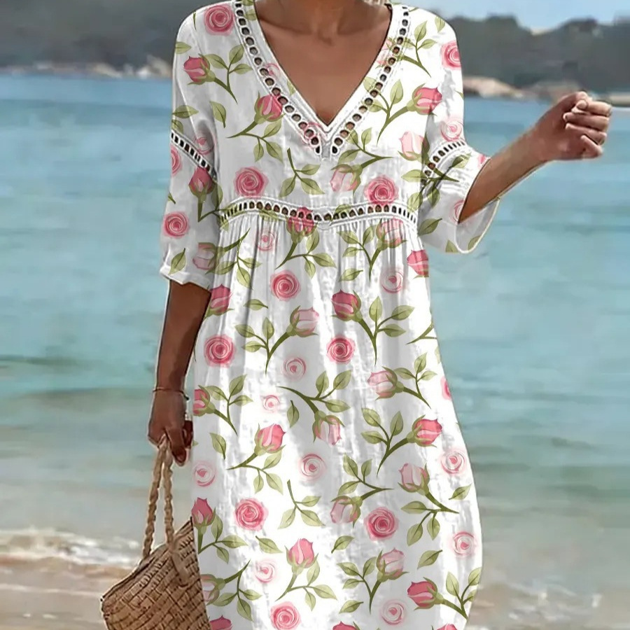 Women's Floral Print Pleated Midi Dress with Deep V-Neck and Five-Quarter Sleeves