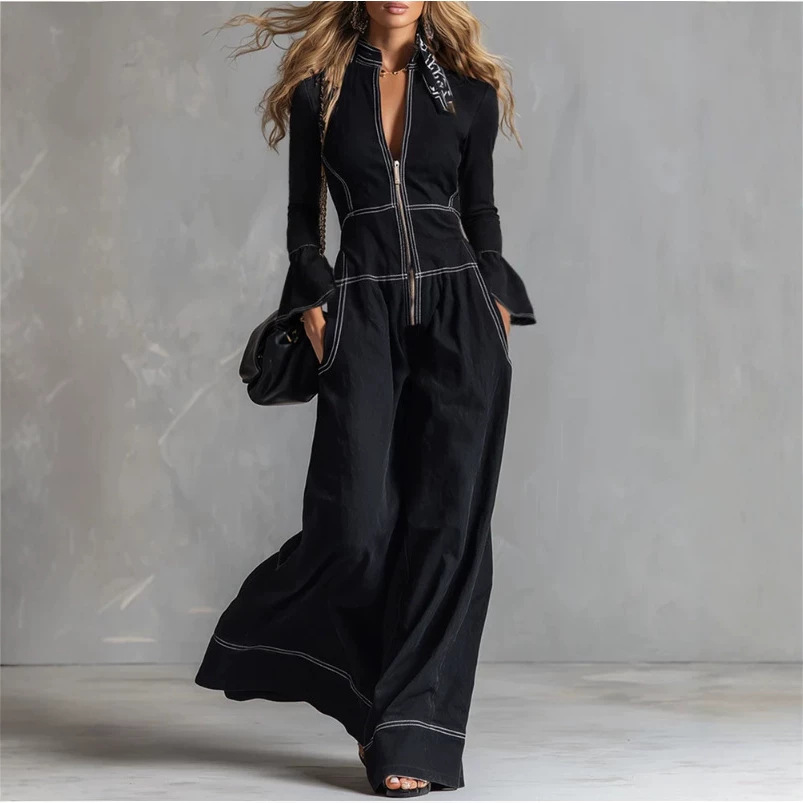 Women's Black Long Sleeve Wide Leg Jumpsuit with Zip