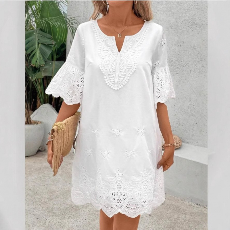 Hollow-Out Embroidered Lace V-Neck Half-Sleeve Dress