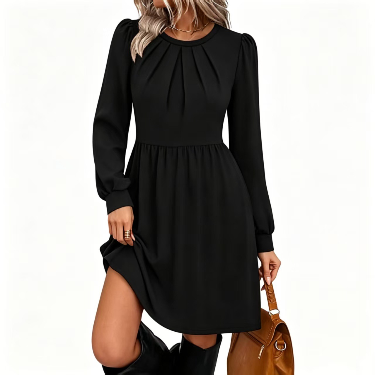 Korean Retro Plaid Long Sleeve Dress High Waist Flared Babydoll