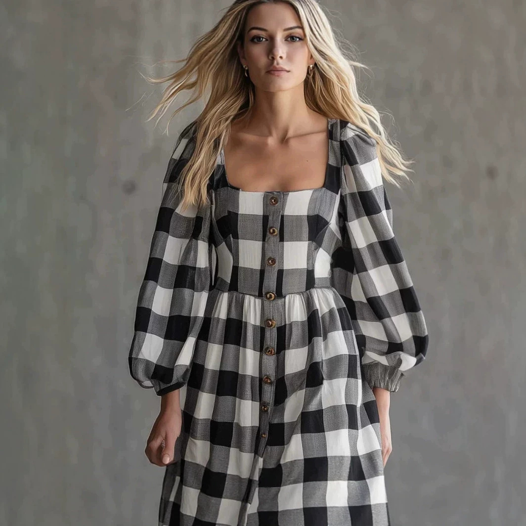 Retro Plaid Lantern Sleeve Square Neck Mini Dress
