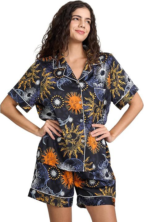 Women's Cuban Collar Satin Striped Print Short Sleeve Shirt Set