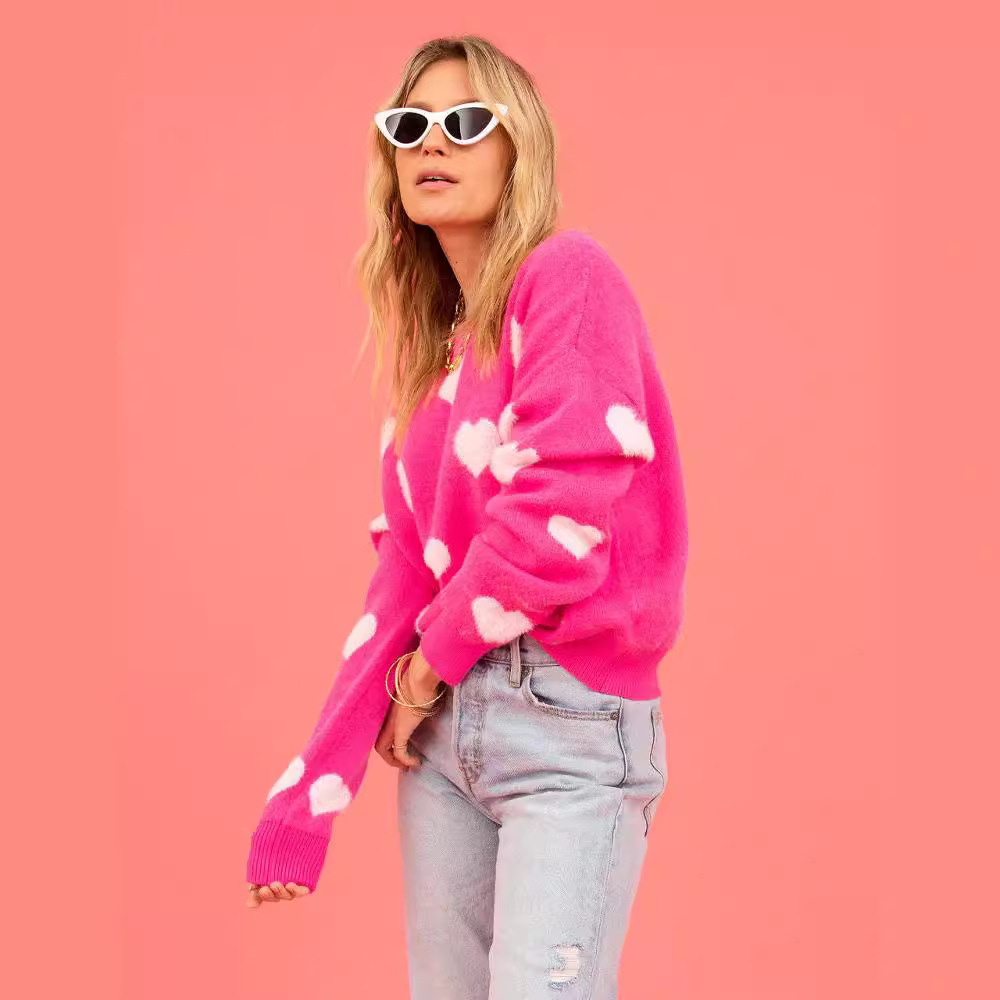 Heart Pattern Crewneck Pullover Sweater