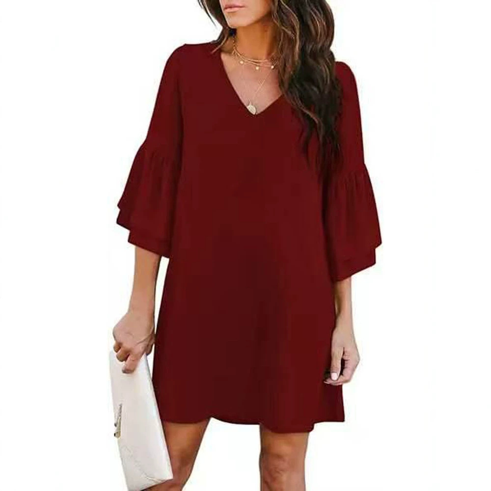Women's Solid V-Neck Flare Sleeve Loose Dress