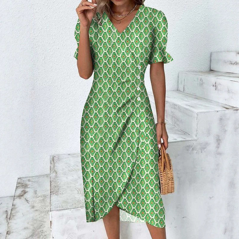 Geometric Patchwork Puff Sleeve Asymmetrical Hem Dress