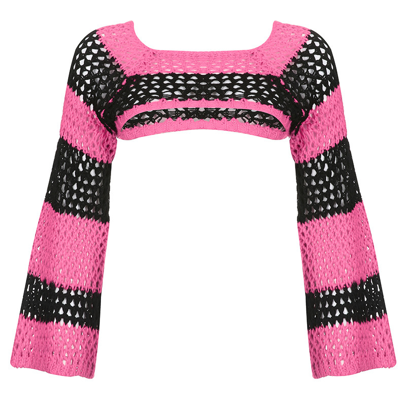 Women's Striped Colorblock Hollow-Out Short Knit Top