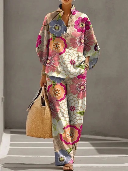 Women's Polka Dot Floral Print Long Sleeve Button-Up Top Set